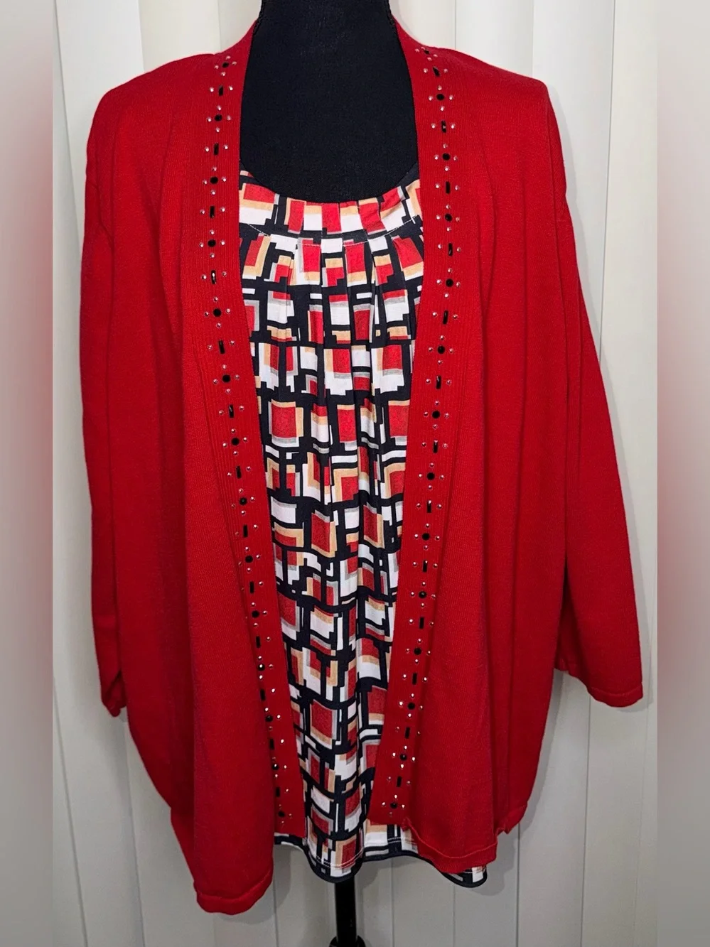 Alfred Dunner Women's Jet Setter Red Black Geometric Inner Two In One Sweater 3X